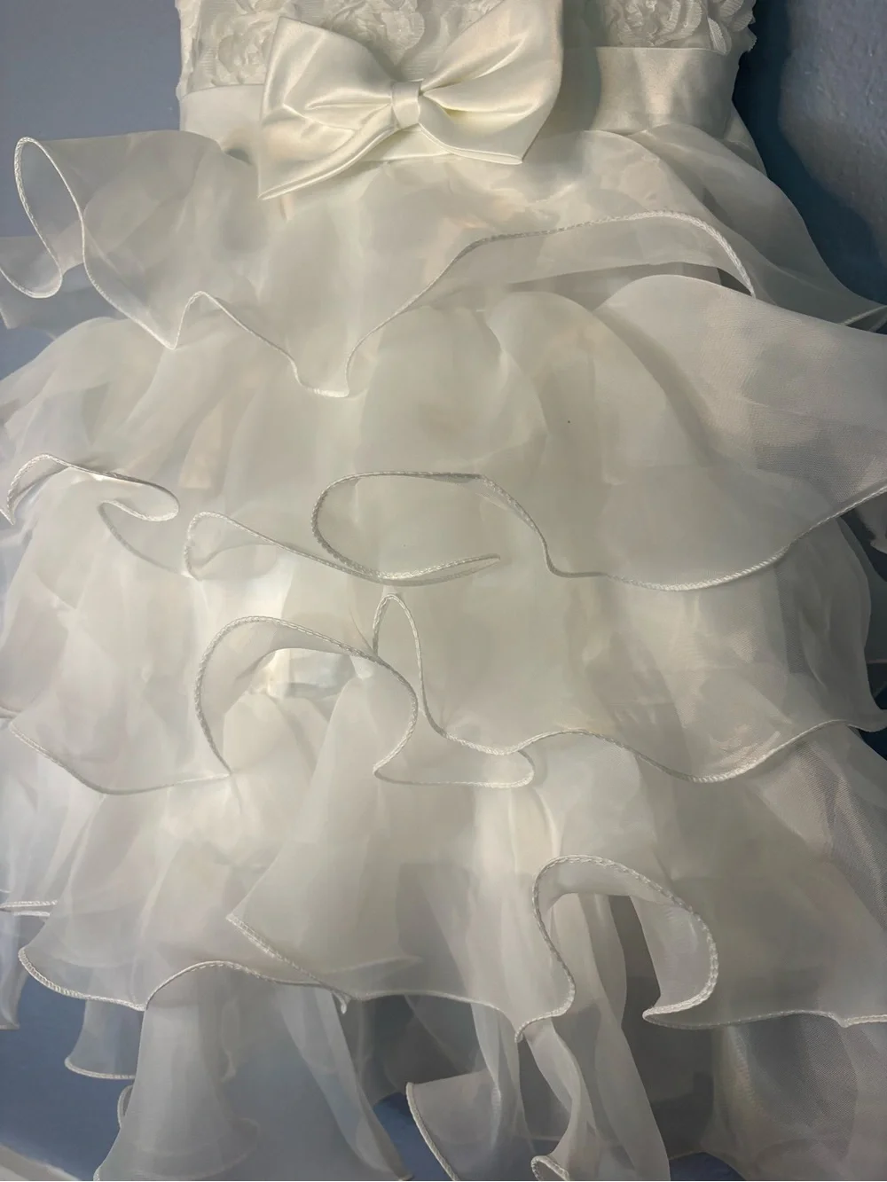 White Ruffle flower Girls' Dress with Bow